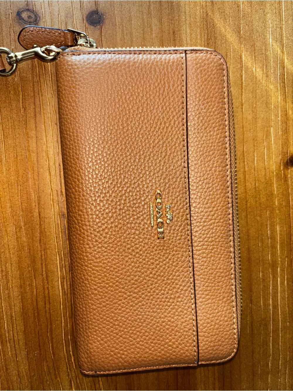 Coach Pebbled Leather Wristlet in Cognac Brown with Gold Hardware